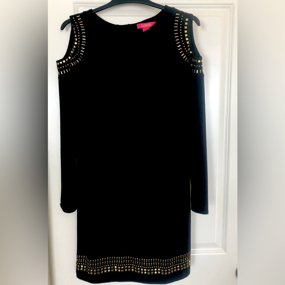Open Shoulder Black Dress with Gold Accents